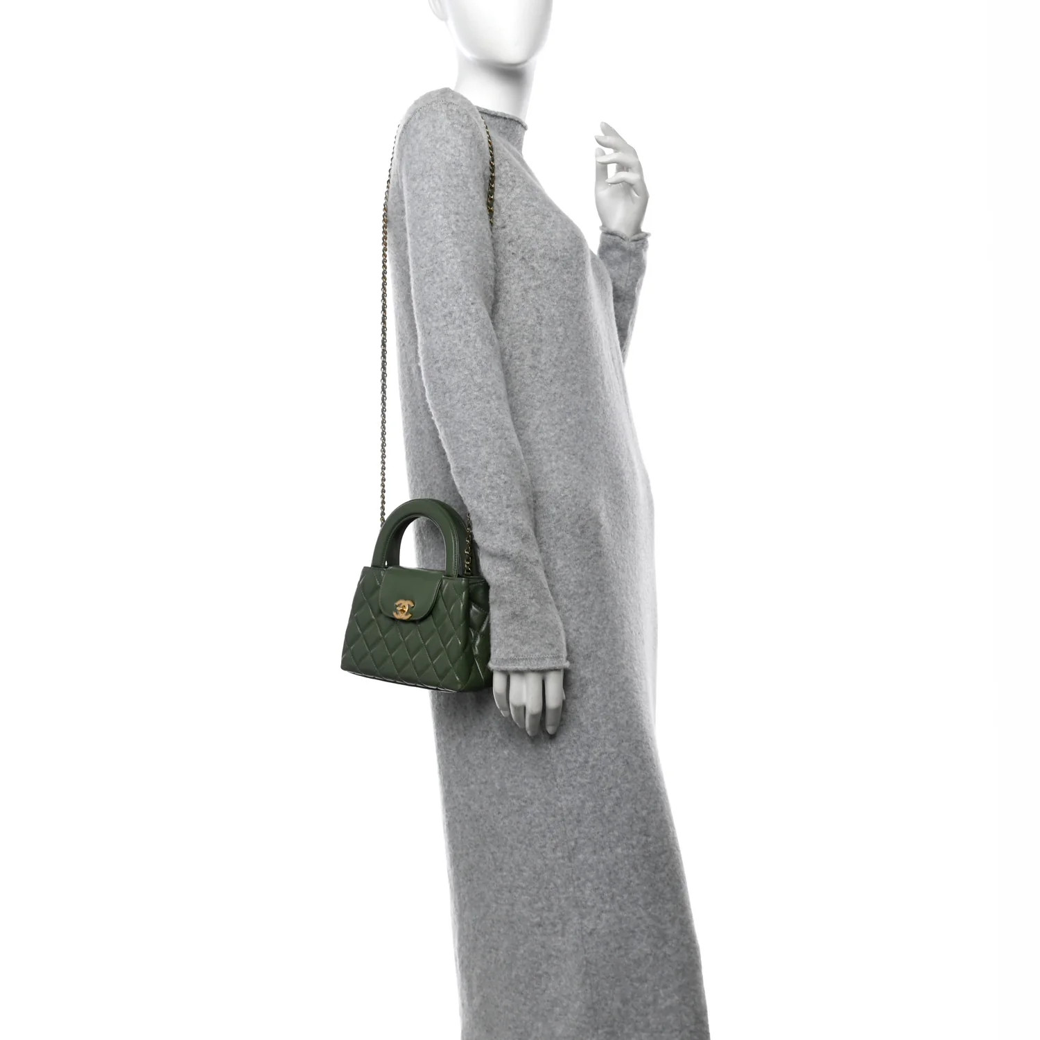 Shiny Aged Calfskin Quilted Nano Kelly Shopper Khaki | FASHIONPHILE (US)