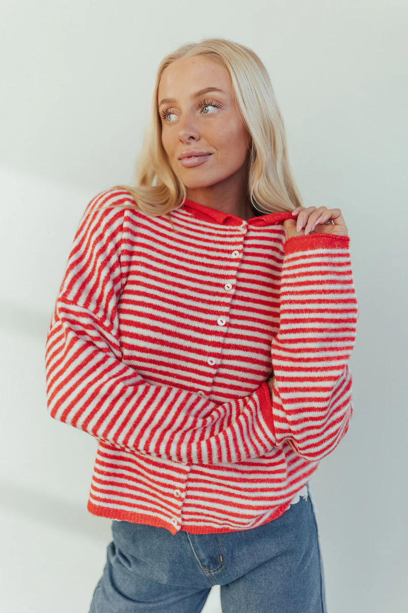 Piper Cardigan in Red Pinstripe | Henly