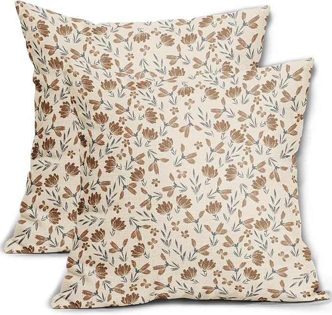 Brown Grey Gray Floral Pillow Covers 18x18 Set of 2 Vintage Rustic Old Style Cute Small Flower Pr... | Amazon (US)