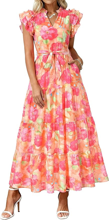 dowerme Women Summer Maxi Dresses 2026 Ruffle Sleeve V Neck Floral Boho Long Dress Belted Tiered ... | Amazon (US)