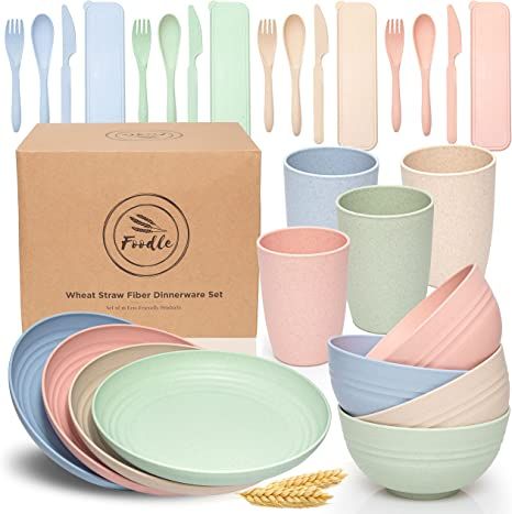FOODLE Wheat Straw Dinnerware Sets for 4 - Lightweight & Unbreakable Dishes - Microwave & Dishwas... | Amazon (US)