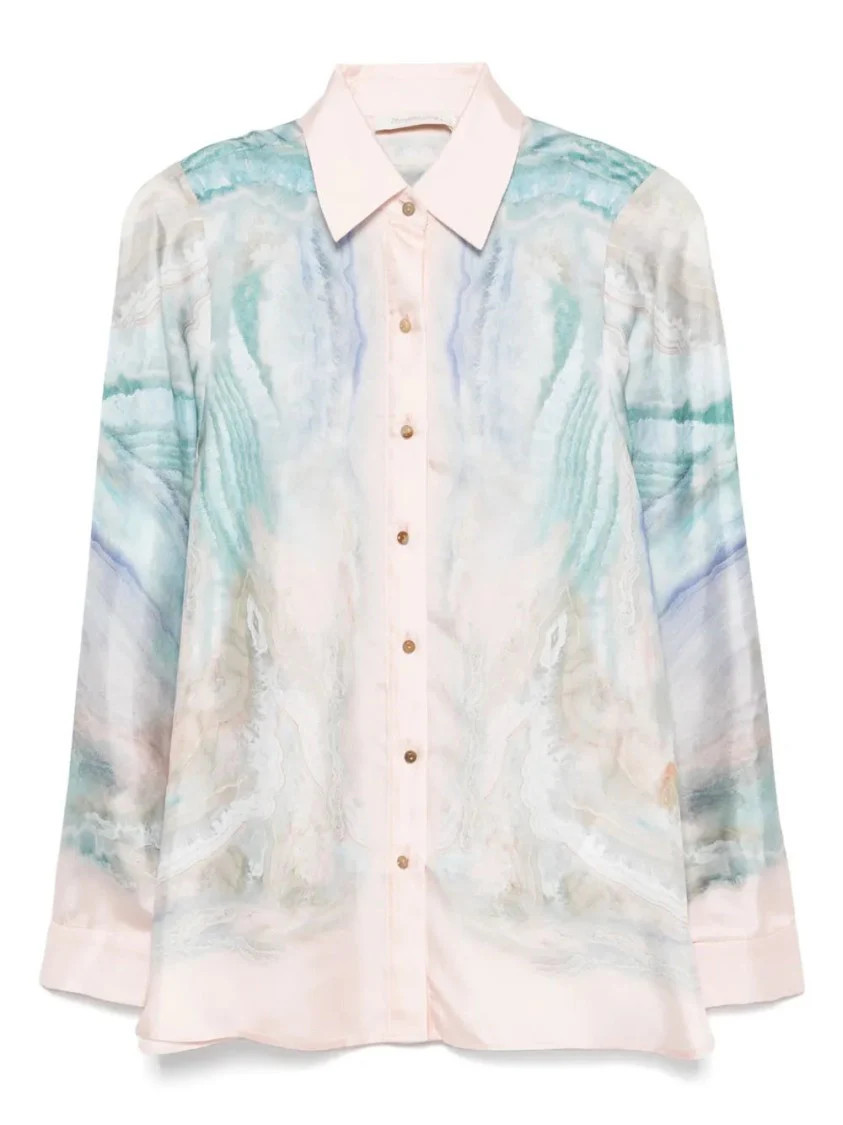 Light Blue Silk Shirt With Graphic Print | Shop Simon