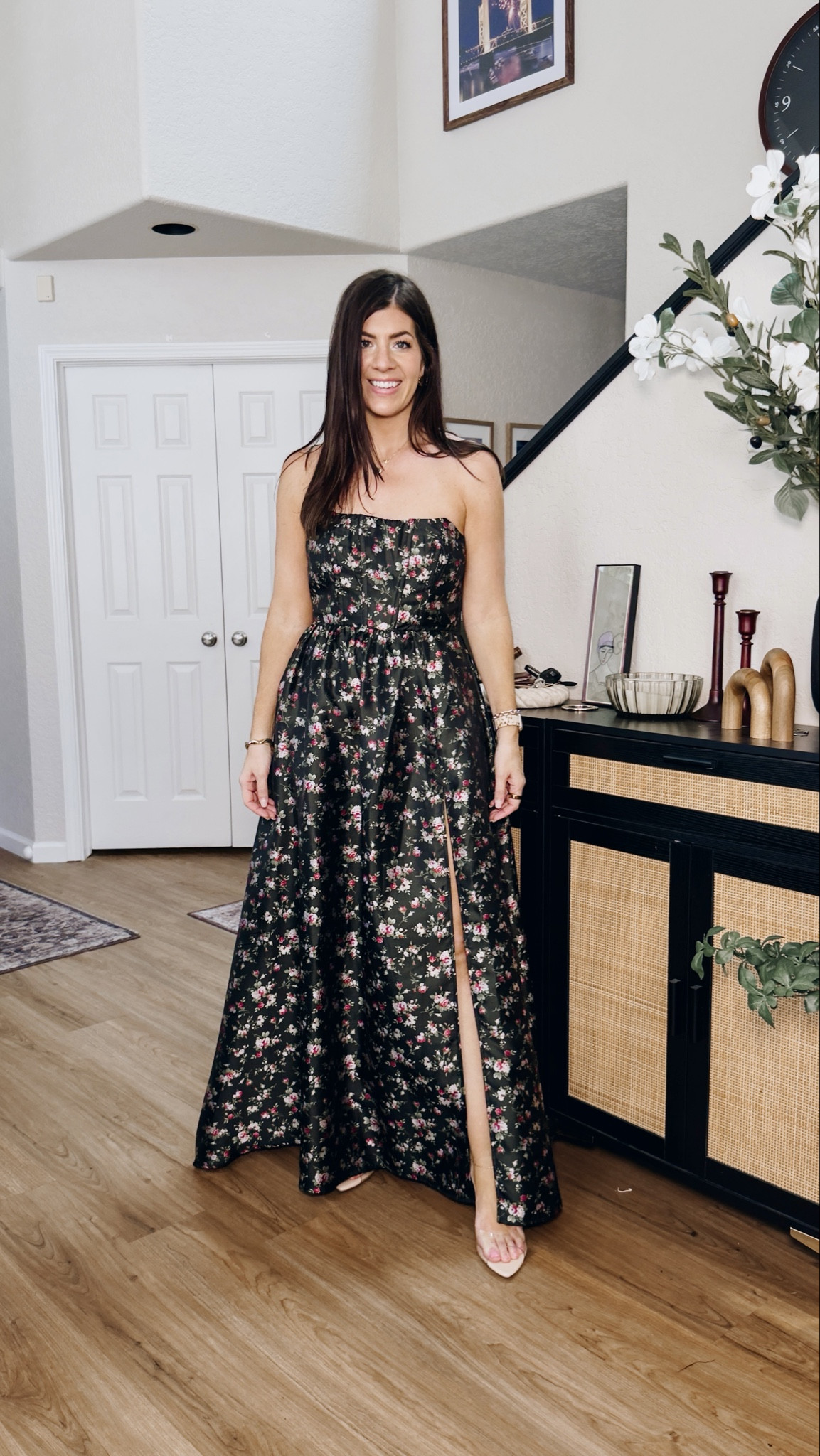 In a medium corset back floral dress 

#LTKWedding #LTKMidsize #LTKSaleAlert