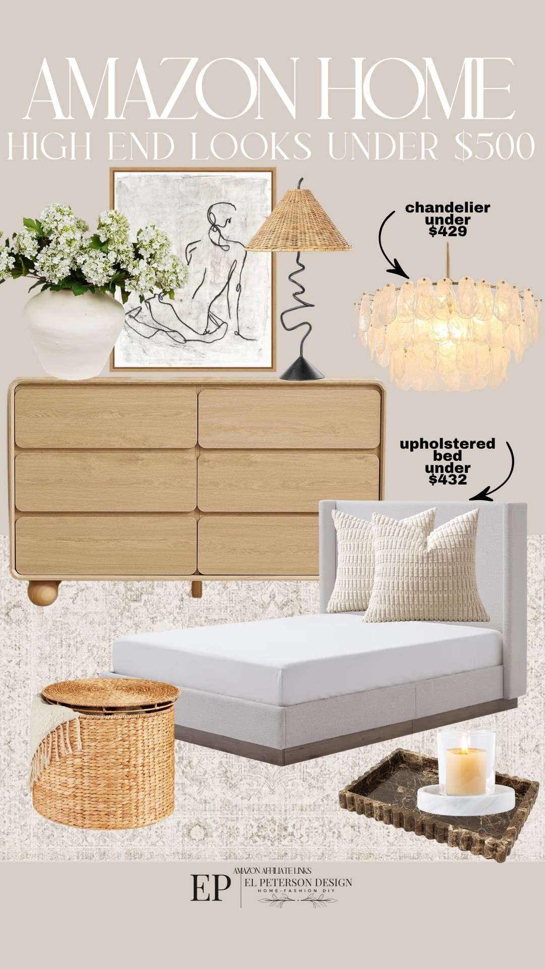 Amazon home
Upholstered bed
Stems
Dresser 
Wicker basket
Table lamp
Artwork
Chandelier 
Rug
Candle
Tray 
Pillows

#LTKHome
