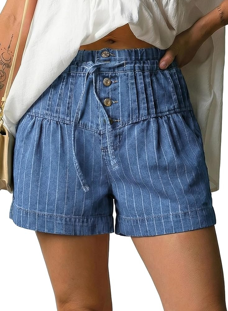 Astylish Women's High Waisted Shorts Jean Stretchy Casual Fashion Trendy Striped Button Front Den... | Amazon (US)