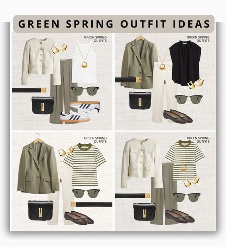 Spring capsule wardrobe in green 🍀 Love how you can combine so many outfits with just a few items! 

‼️Don’t forget to tap 🖤 to add this post to your favorites folder below and come back later to shop

Make sure to check out the size reviews/guides to pick the right size

Striped tshirt, green tailored pants, linen pants, white tank top, black mousseline top, green blazer, linen buttoned up jacket, demellier handbag, adidas samba, golden earrings, spring casual outfits

#LTKstyletip #LTKSeasonal #LTKworkwear