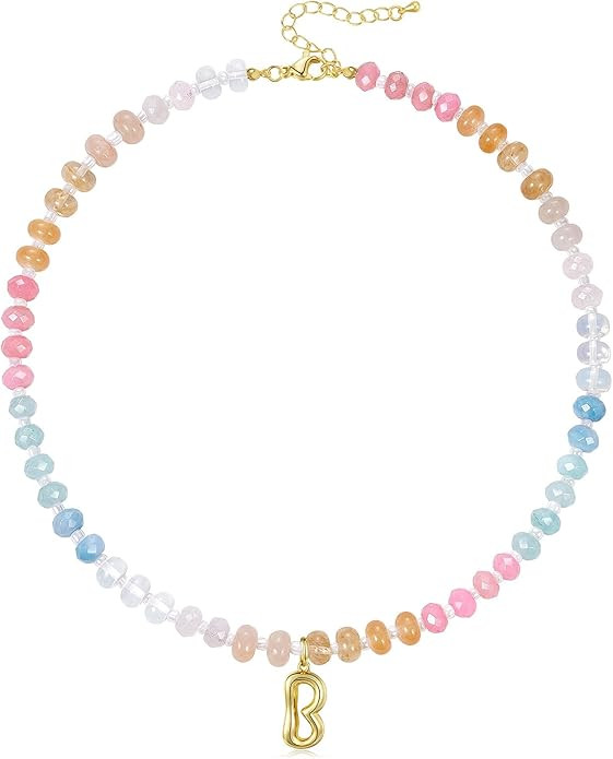 KissYan Initial Necklaces for Women, Colorful Beaded Gemstone Choker 14K Gold Bubble Letter Penda... | Amazon (US)