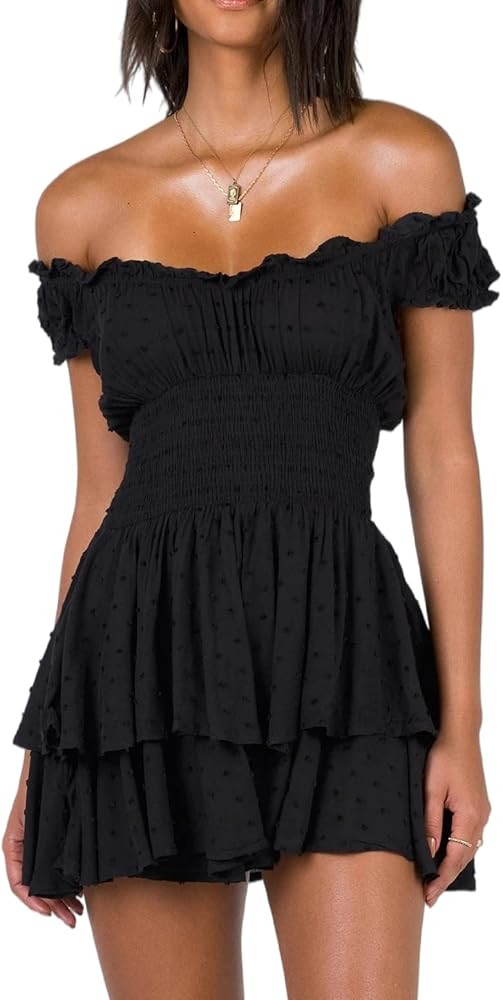 R.Vivimos Women's Summer Cotton Puff Sleeves Layered Ruffles Casual Boho Swing Mini Dresses | Amazon (US)