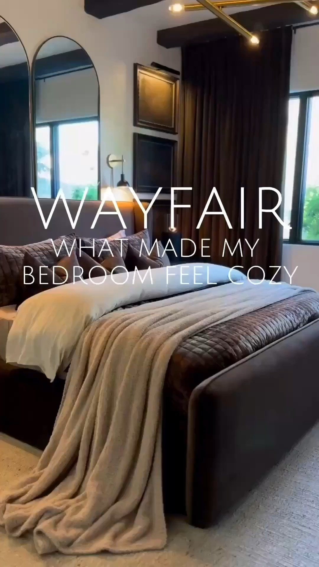 @Wayfair here’s what made my bedroom feel so cozy and moody 🤎

My wireless picture lights add the softest ambience at night, and this velvet platform bed instantly became the statement piece of the room. I love mixing in softer elements too, like my accent chair and faux branches, because they help balance everything and make the space feel warm and inviting.

The solid wood nightstands, jute rug, and modern sconces all brought in that elevated, layered look I was going for without making the room feel overdone.

And of course, the arched mirrors were the finishing touch that really pulled the entire space together and made the room feel even more open and refined. ✨

#LTKHome #LTKvlog #LTKdayinmylife