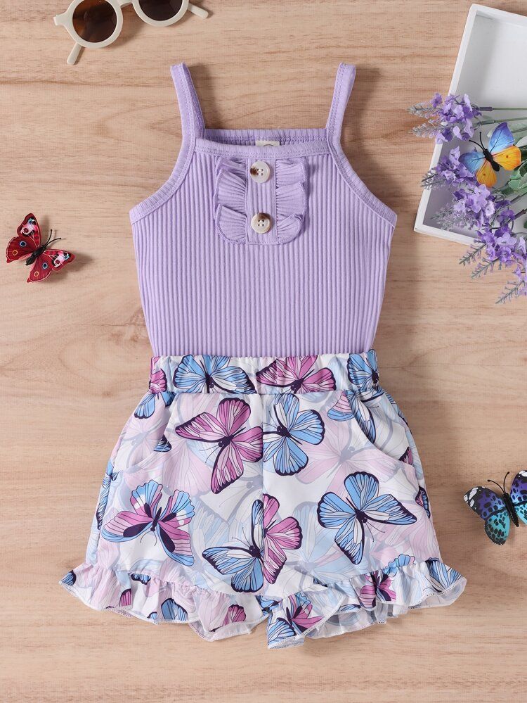 Toddler Girls Frill Cami Top & Butterfly Print Ruffle Hem Shorts | SHEIN