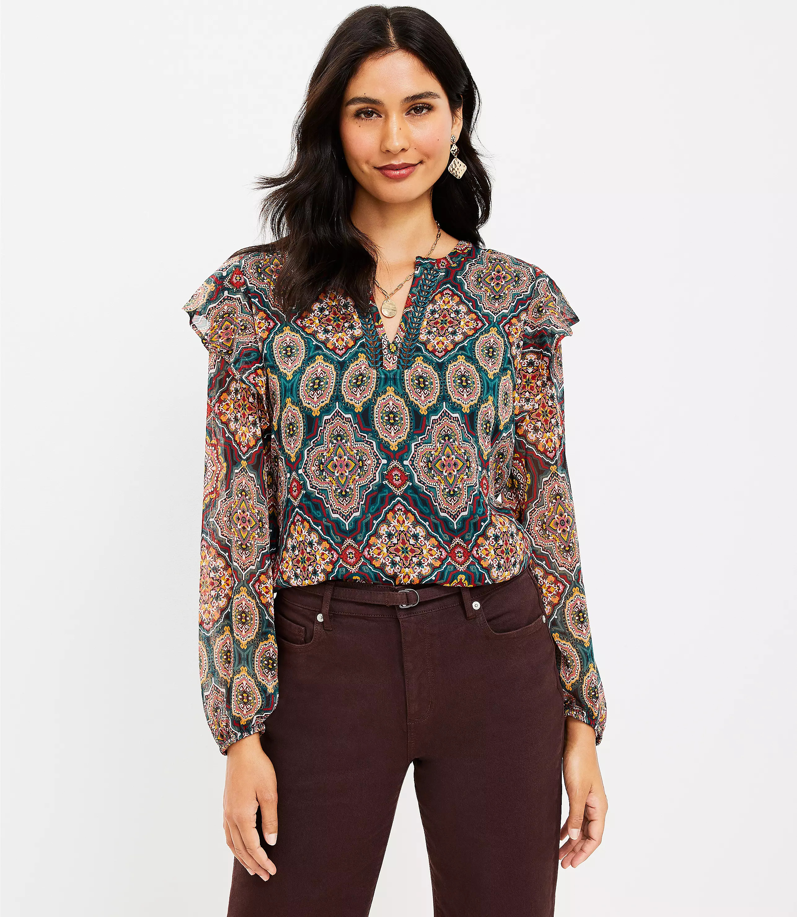 Tapestry Ruffle Split Neck Blouse | LOFT