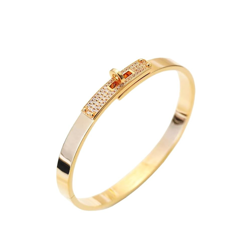 18K Gold Plated Turn Lock Bracelet with Cubic Zirconia，Classical Fashion Stainless Steel Bangle... | Amazon (US)