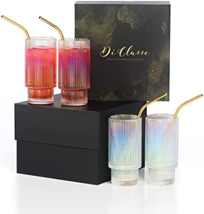 Di Classe Vintage Art Deco Ribbed Glassware Set of 4, Ripple Cocktail Glasses with Gold Rim, Irid... | Amazon (US)