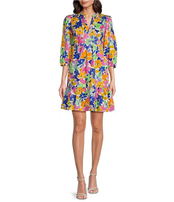 Karlie Monet Floral Print Ruffle Trim Split V-Neck 3/4 Cuffed Sleeve Tiered A-Line Dress | Dillard's