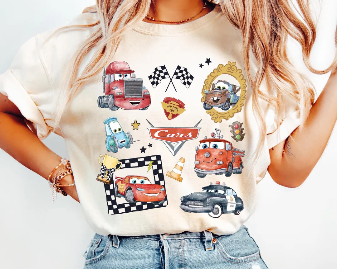 Comfort Colors Coquette Bows Disney Cars Shirt, Checkered Lightning Mcqueen Mater Doc Cars Family... | Etsy (US)