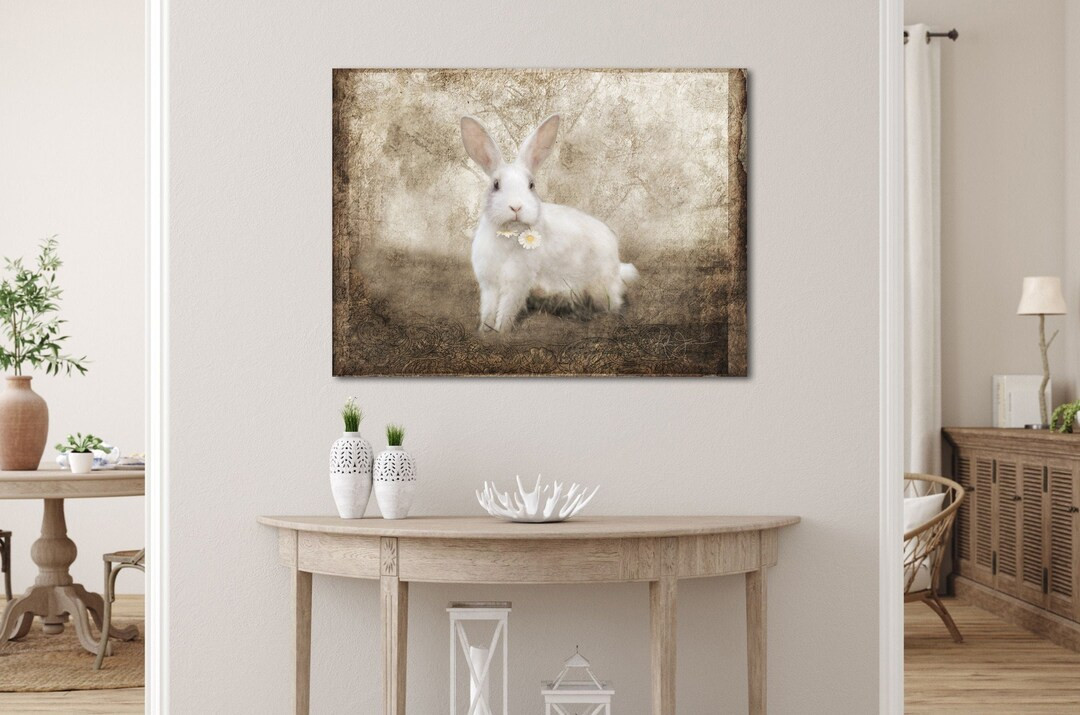 White Bunny Rabbit Art Print French Country Farm Cute Vintage Easter Wall Decor Canvas Painting P... | Etsy (US)