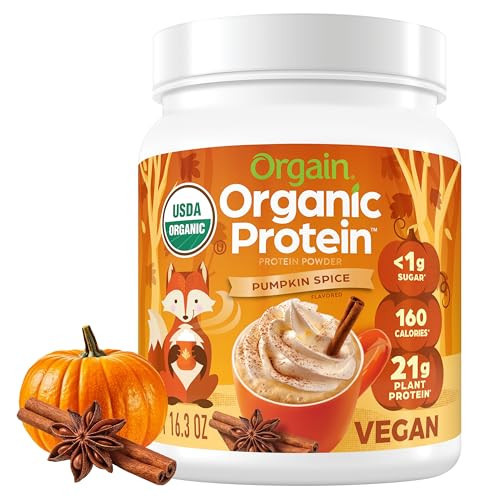 Orgain Organic Vegan Protein Powder, Pumpkin Spice Seasonal Flavor - 21g of Plant Protein, 5g Prebiotic Fiber, No Lactose Ingredients, No Added Sugar, Non-GMO, For Shakes & Smoothies, 1.02 lb | Amazon (US)