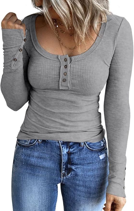 Kissfix Women's Long Sleeve Shirts Casual Fall Henley Top Button Down Blouses Basic Ribbed Knit T... | Amazon (US)
