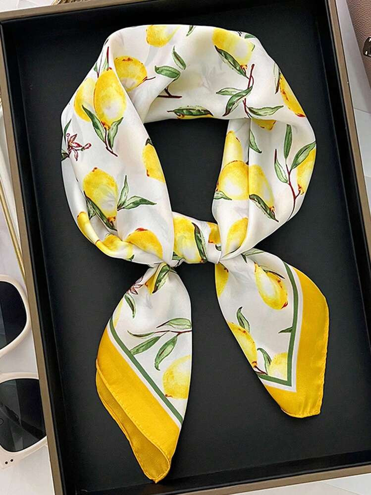 1pc Women Bandana 70*70cm Fresh Fruit Print Imitation Silk Satin Small Square Scarf/Headband, New Women Lemon Pattern Elegant Beach Accessories Fashion UV Protection Versatile Scarf, Suitable For Beach, Street, Daily, Vacation, Business Etc. | SHEIN