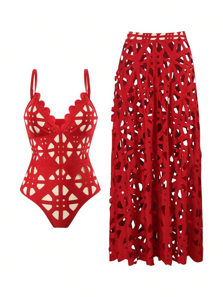 Swim Oasis Summer New Red Laser Cut Hollow Out Sexy Backless Women One Piece Swimsuit Skirt Set, High-End Fashion One Piece Swimsuit | SHEIN