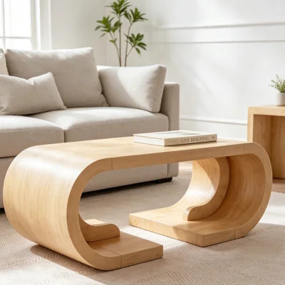 Coffee Table 47" Curved C-Shaped Center Table, Heavy Duty Wood Base with Large Surface, Rustic Rectangular Tea Table for Living Room, Entertainment Ro | Wayfair North America