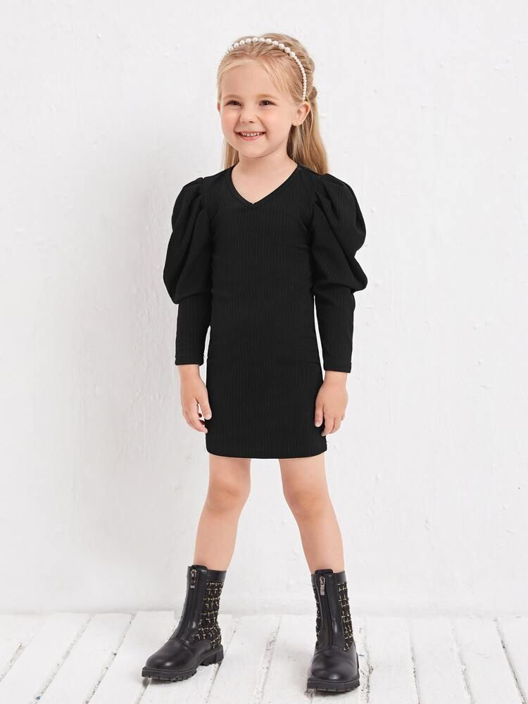 Toddler Girls Gigot Sleeve Ribbed Knit Dress | SHEIN