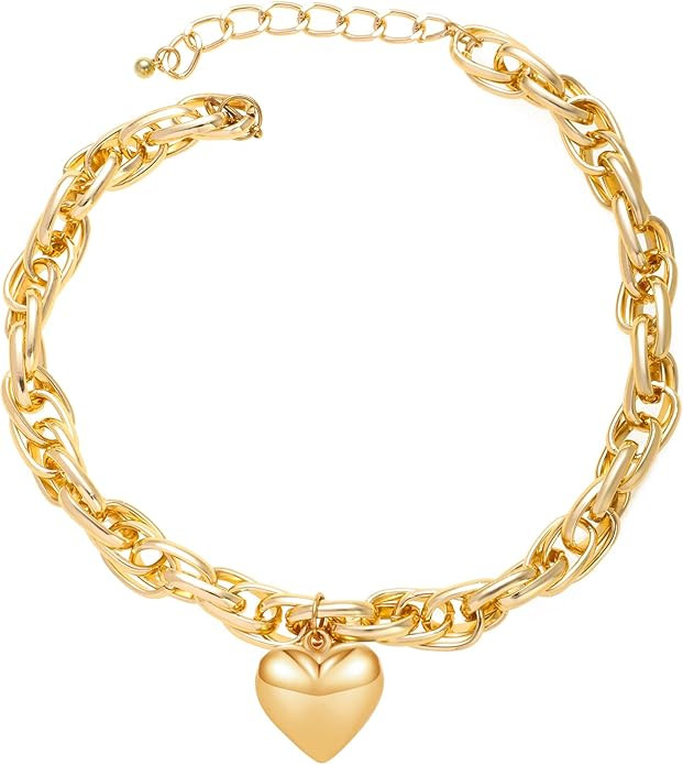 Chunky Puffy Heart Choker Necklace for Women Y2k Heart Gold Pendant Necklace Jewelry | Amazon (US)