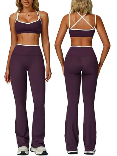 ABOCIW Womens Workout Sets Color Block Strappy Sports Bra High Waist Flare Leggings Gym Set 2 Piece Yoga Pilates Outfits Athletic Work Out Clothes Eggplant Purple X-Small | Amazon (US)