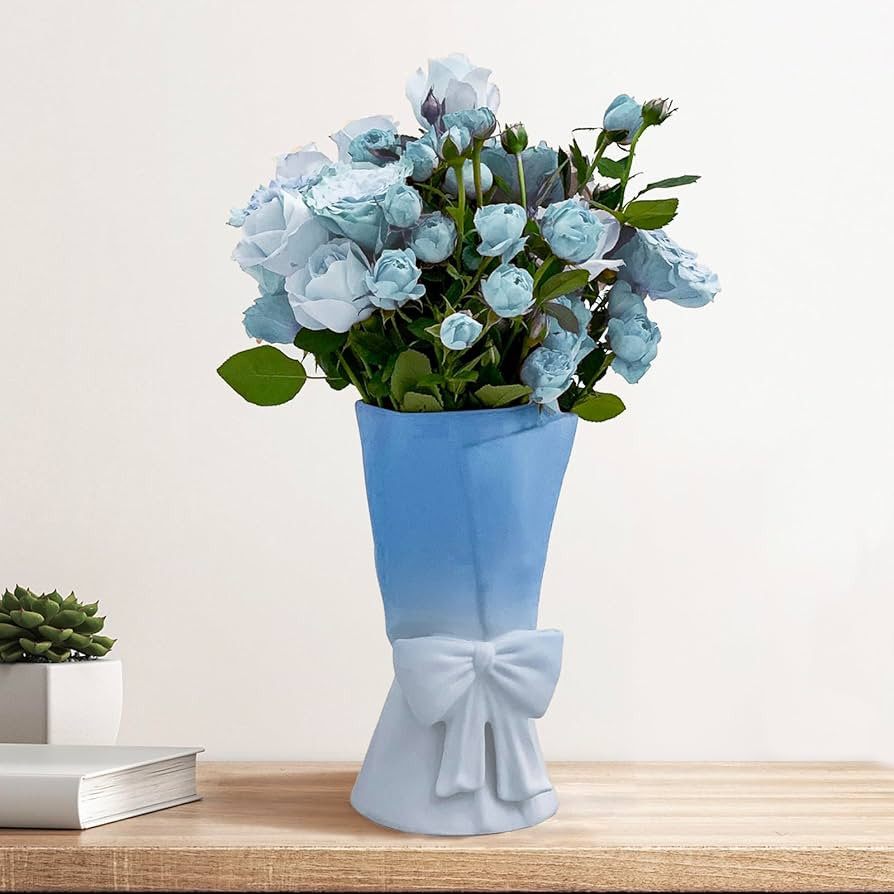Gradient Blue White Ceramic Bow Vase 9.64 in Unique Cute Modern Decorative Bouquet Flower Vases f... | Amazon (US)