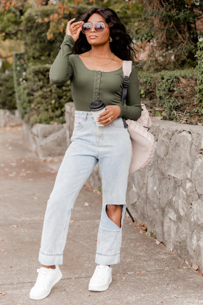 Talk About That Olive Henley Bodysuit | Pink Lily