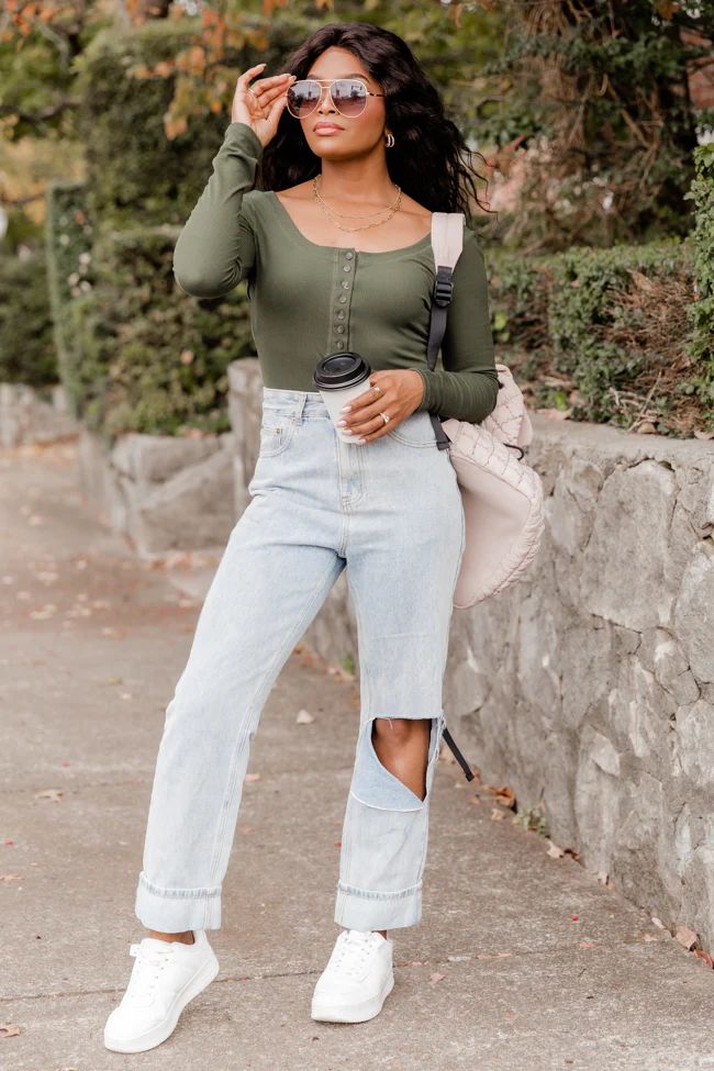 Talk About That Olive Henley Bodysuit | Pink Lily