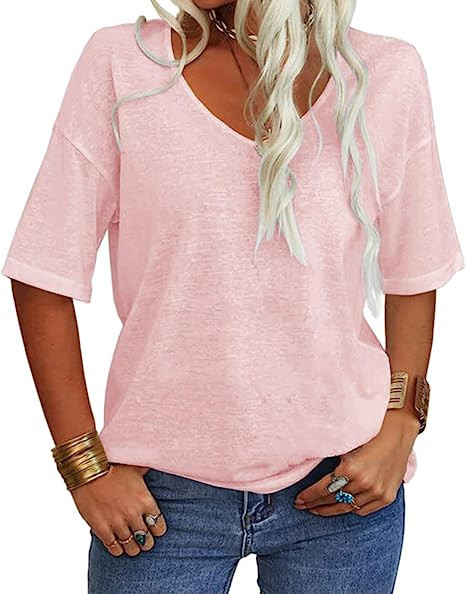 Tankaneo Women's Summer Fashion V-Neck Half Sleeves T Shirt Solid Casual Loose Basic Tunics Tops | Amazon (US)