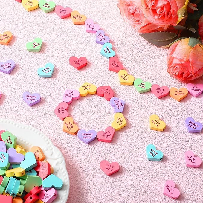 Lyrow 320 Pcs Wood Heart Beads Valentine's Day Wooden Heart Beads Candy Conversation Hearts Beads... | Amazon (US)