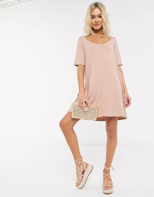ASOS DESIGN swing t-shirt dress with concealed pockets in beige | ASOS US
