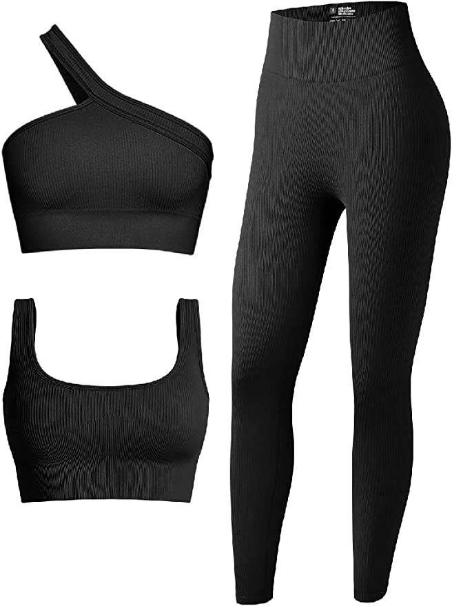 OQQ Women's 3 Piece Outfits Ribbed Seamless Exercise Scoop Neck Sports Bra One Shoulder Tops High... | Amazon (US)