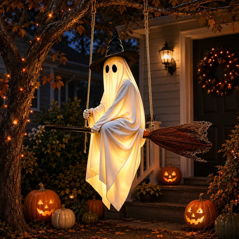 Hanging Halloween Light-Up Flying Ghost on Broomstick with Remote Control, Glowing White Ghost in... | Walmart (US)