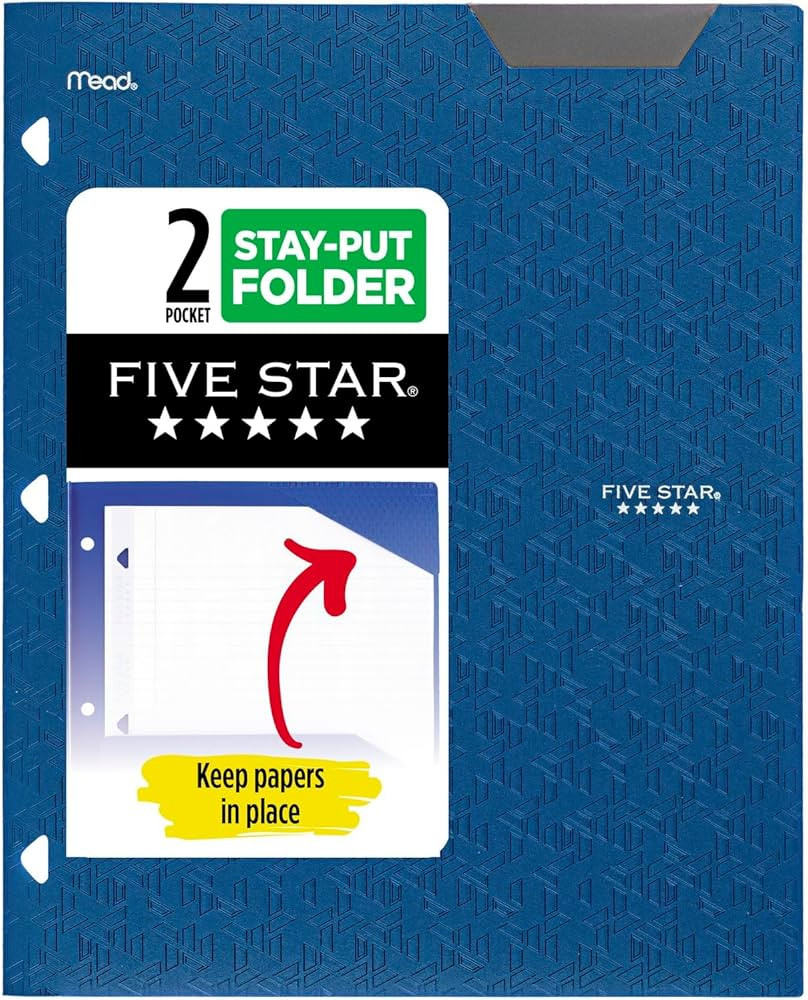 Five Star 2-Pocket Folder, Plastic Folder with Stay-Put Tabs, Fits 3 Ring Binder, Holds 8-1/2" x ... | Amazon (US)