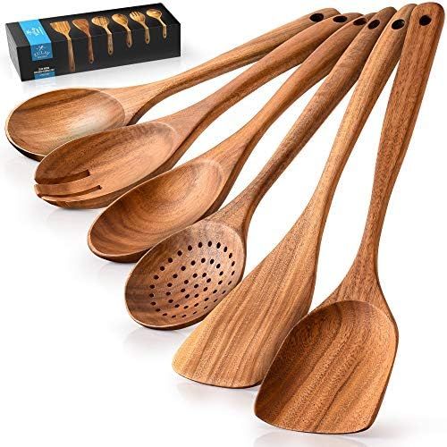 Zulay Kitchen Premium Wooden Utensils For Cooking - 6 Pc Set Non-Stick Soft Comfortable Grip Wooden  | Amazon (US)