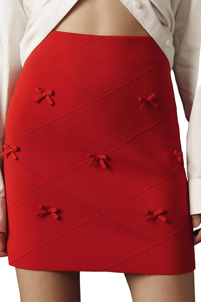 Women's Mini Skirt High Waist A-Line Stretch Knit Slim Fit Pencil Solid Skirts Cute Bow Front Ski... | Amazon (US)