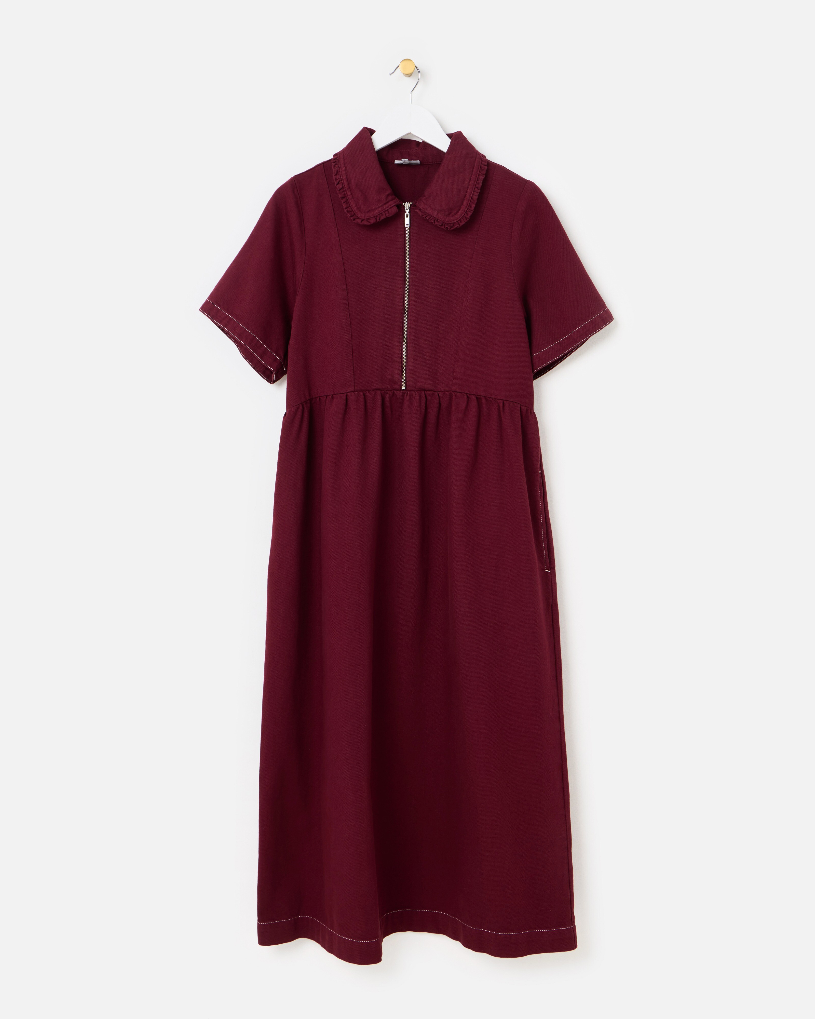 Berry Red Frill Collar Denim Midi Dress, size 14 | Oliver Bonas (Global)