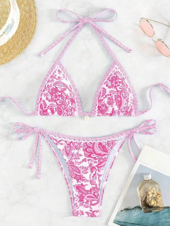 SHEIN Swim Vcay Women Summer Beach Floral Print Halter Neck Bikini Set | SHEIN