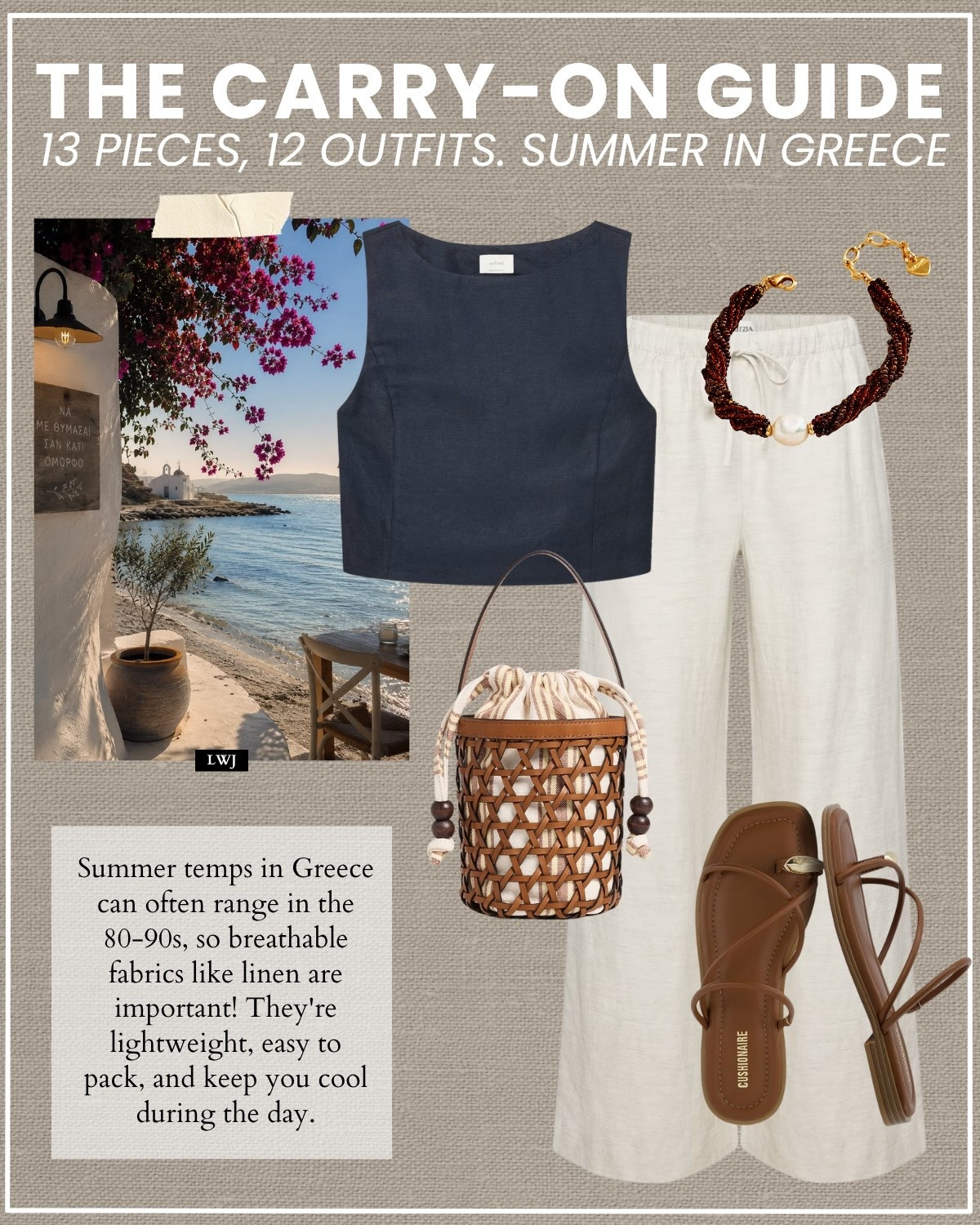 carry-on guide for a summer in greece 

Amazon cushionaire flip flops run half a size big 

greece / summer vacation / myokonos / santorini / island hopping / navy boxy cut top / aritzia linen lodge pants / woven bucket tote / beaded bracelet / lunch outfit

#LTKootd #LTKTravel