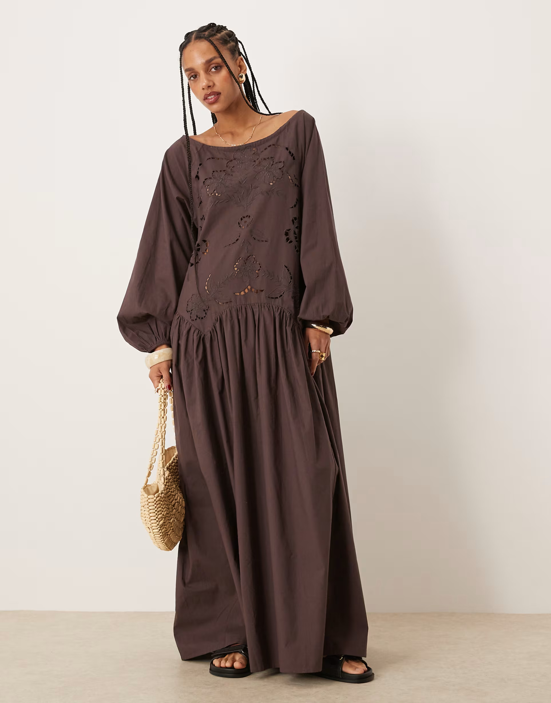 ASOS DESIGN ruched neck dropped waist maxi dress with floral cutwork in chocolate | ASOS | ASOS (Global)