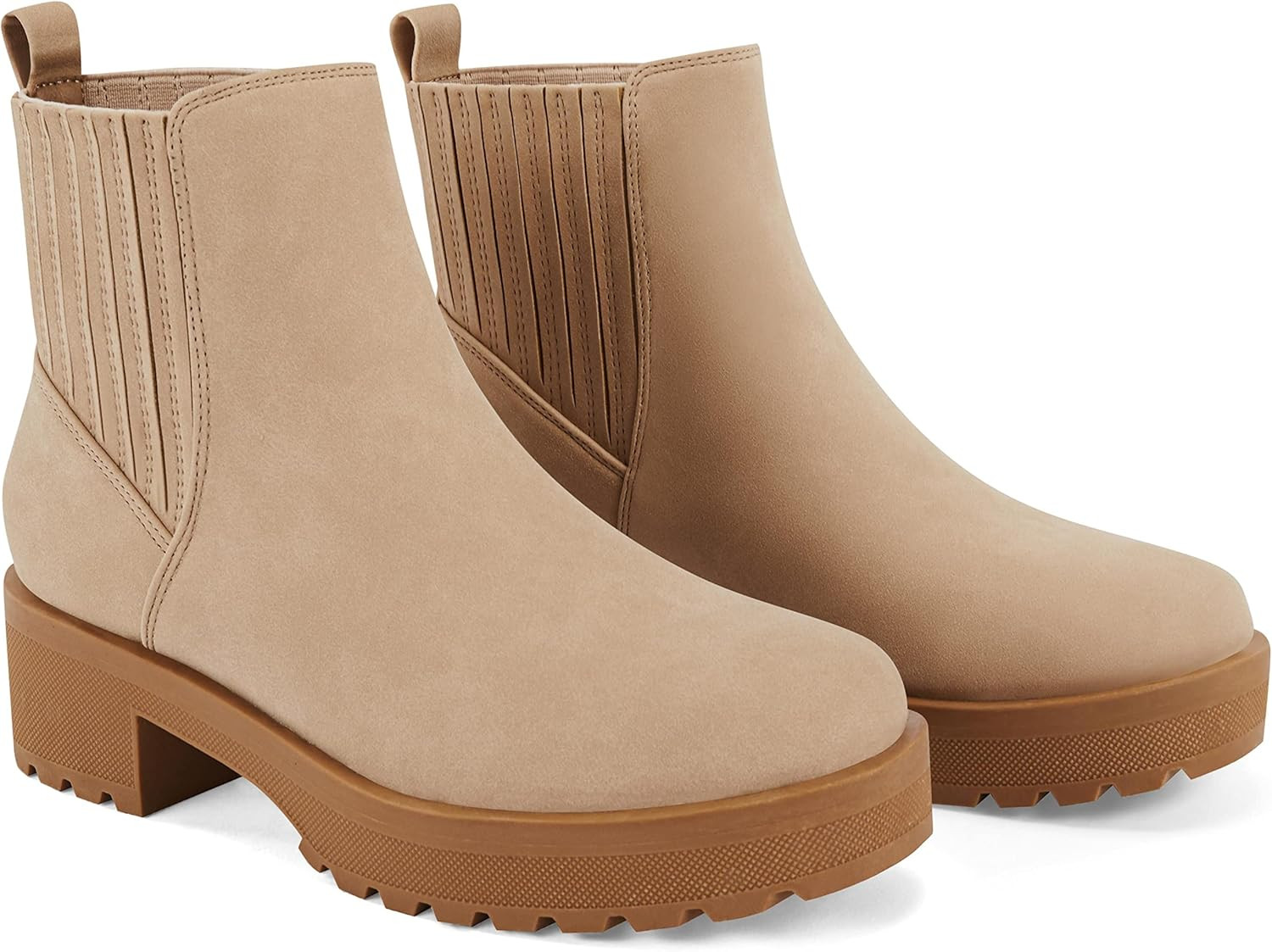 Womens Platform Lug Sole Ankle Boots Slip On Chunky Block Heel Round Toe Chelsea Low Heeled Dress... | Amazon (US)