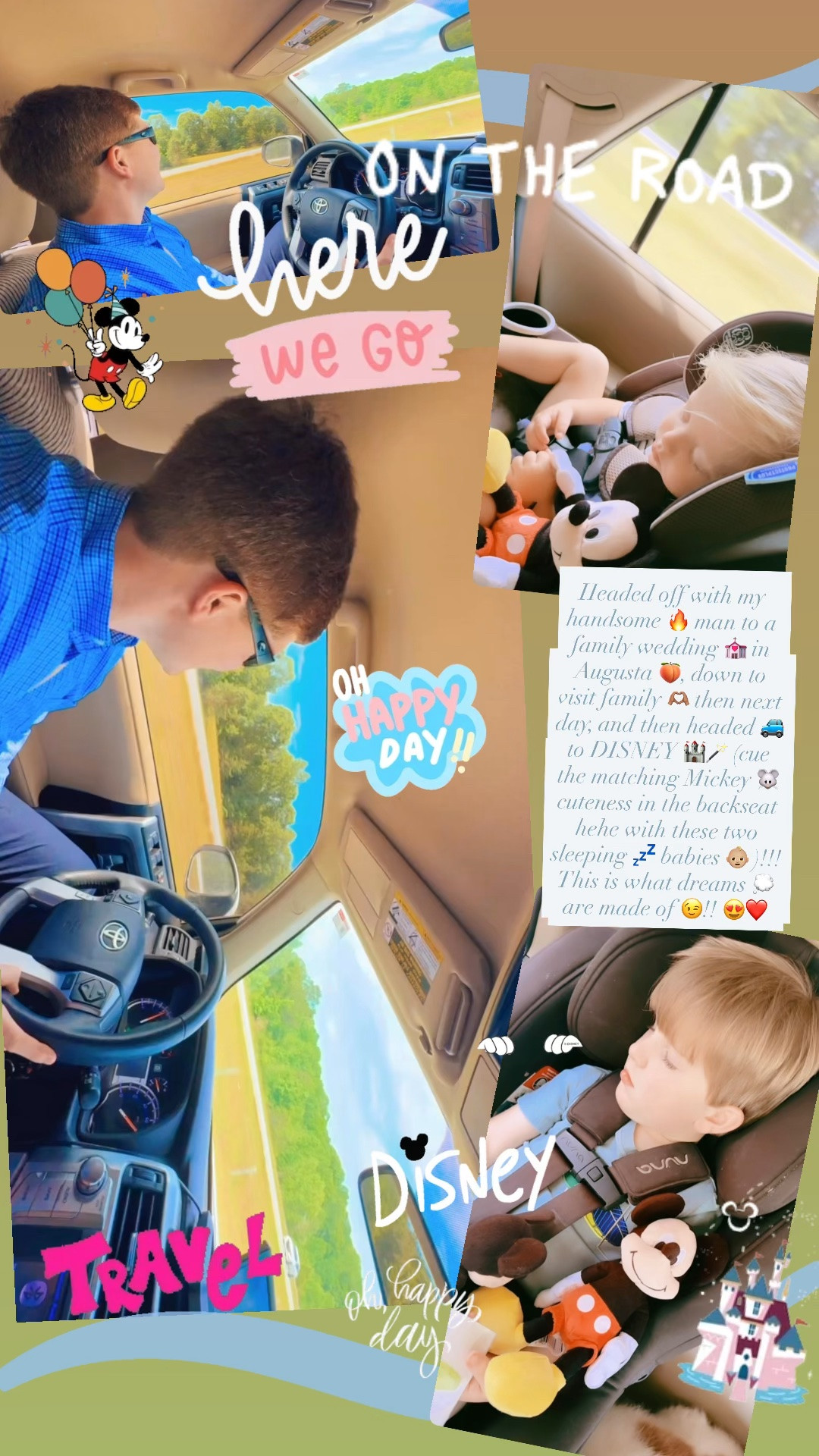 Headed off with my handsome 🔥 man to a family wedding 💒 in Augusta 🍑, down to visit family 🫶🏽 then next day, and then headed 🚙 to DISNEY 🏰🪄 (cue the matching Mickey 🐭 cuteness in the backseat hehe with these two sleeping 💤 babies 👶🏼 )!!! This is what dreams 💭 are made of 😉!! 😍❤️