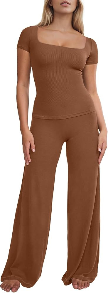 Women's 2 Piece Outfits Lounge Set Summer Ribbed Crop Tops and Wide Leg Pants Tracksuit Loungewea... | Amazon (US)