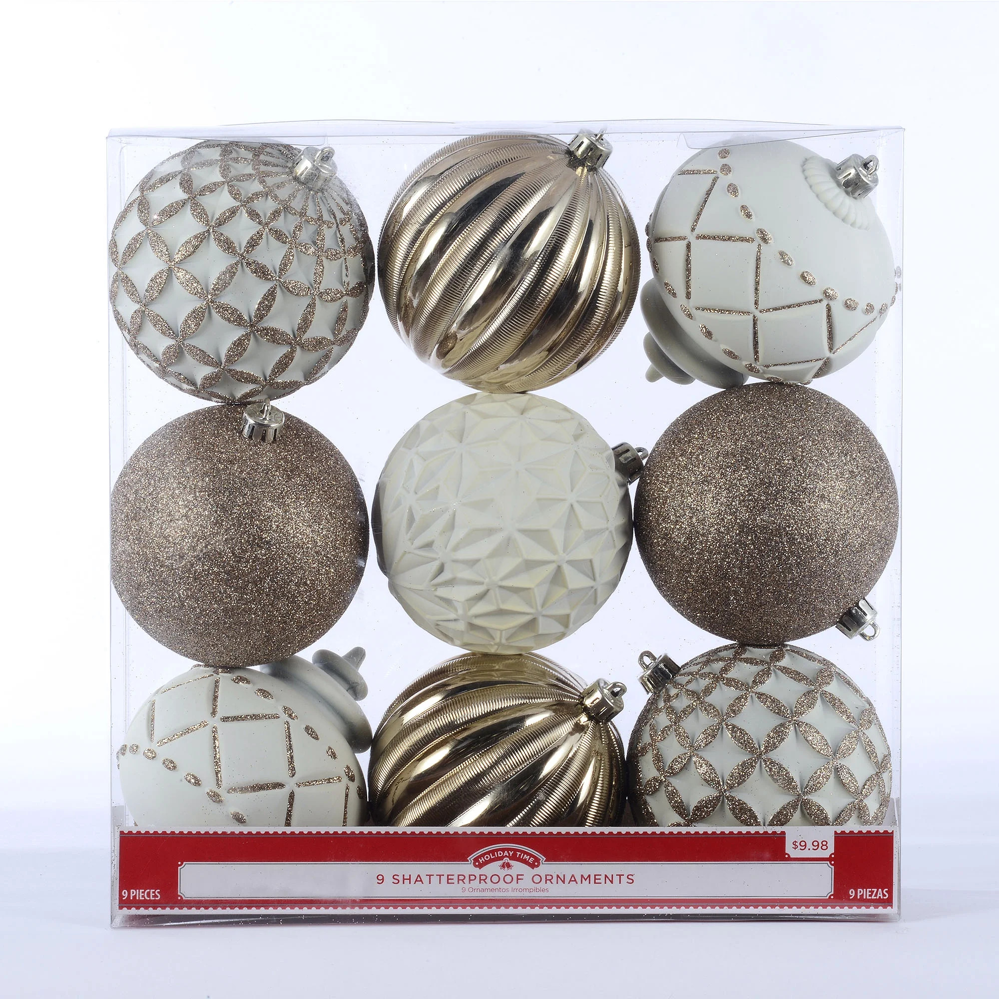 Holiday Time Round Shatterproof Ornaments, Champagne, Gold, and White, 9 Count - Walmart.com | Walmart (US)