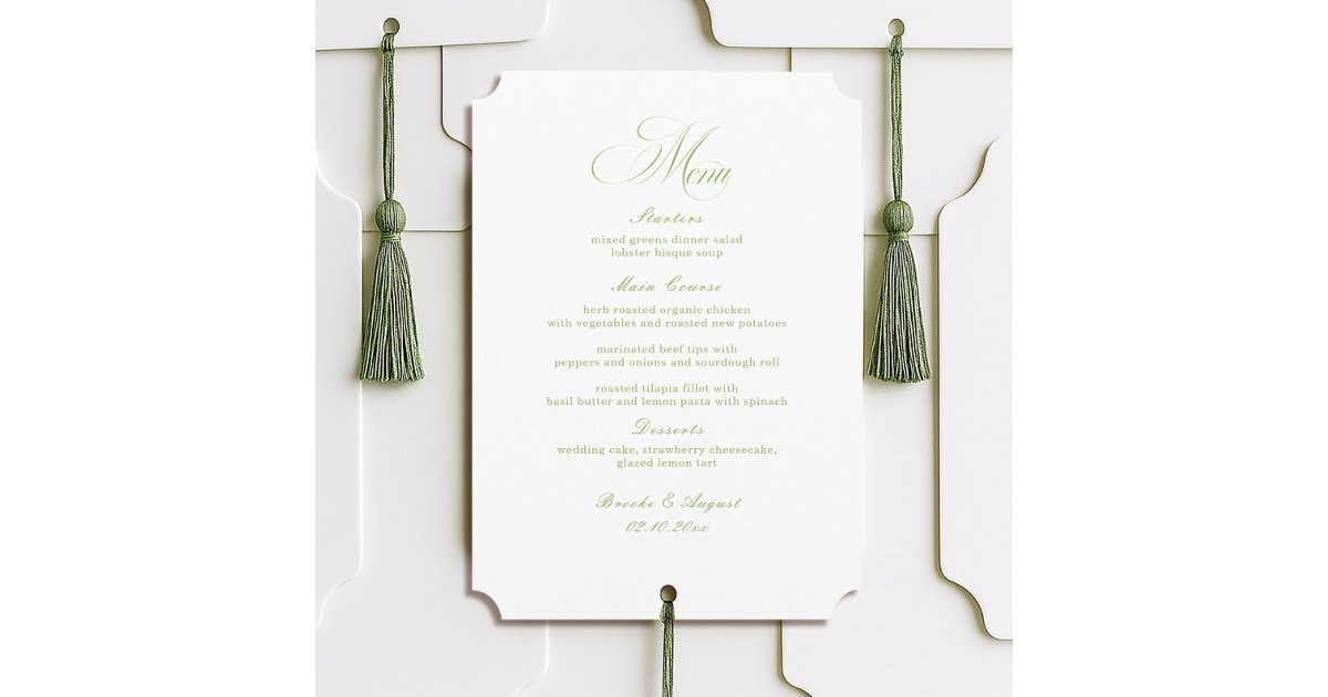 Calligraphy White and Sage Green Wedding Menu Card | Zazzle | Zazzle