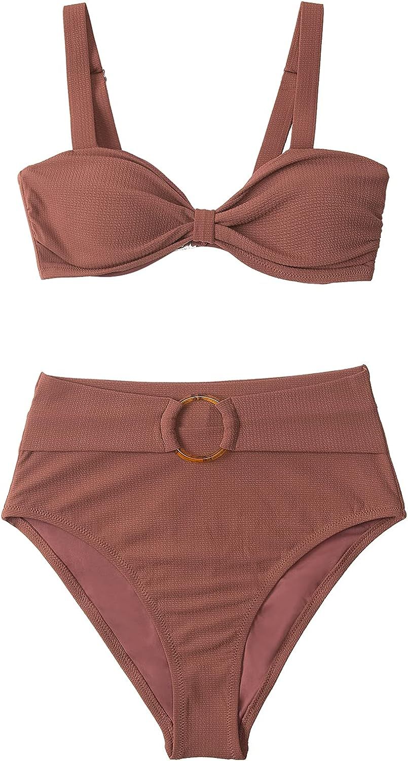 CUPSHE Women's Bowkont Front Bikini Set Tummy Control High Waisted Belted Bathing Suit | Amazon (US)