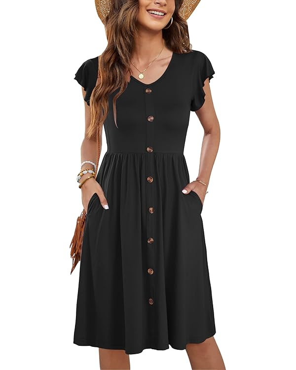 WNEEDU Women Summer Dresses Ruffle Sleeve Casual Loose Swing Button Down Elastic Waist Midi Dress | Amazon (US)